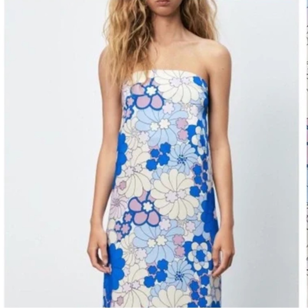 Zara satin floral dress midi strapless size M